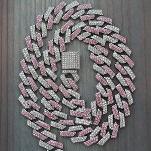 15mm 24inches Cuban Ice Point Curb Diamond Chain Pink/Clear/Silver Plated Neckla